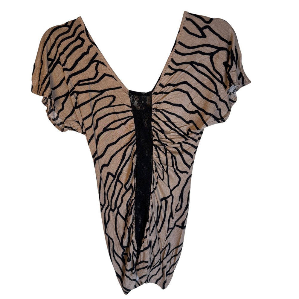 Vintage Wet Seal Beige Black V Neck Shirt Lace Insert Sexy‎ Casual Going Out Top